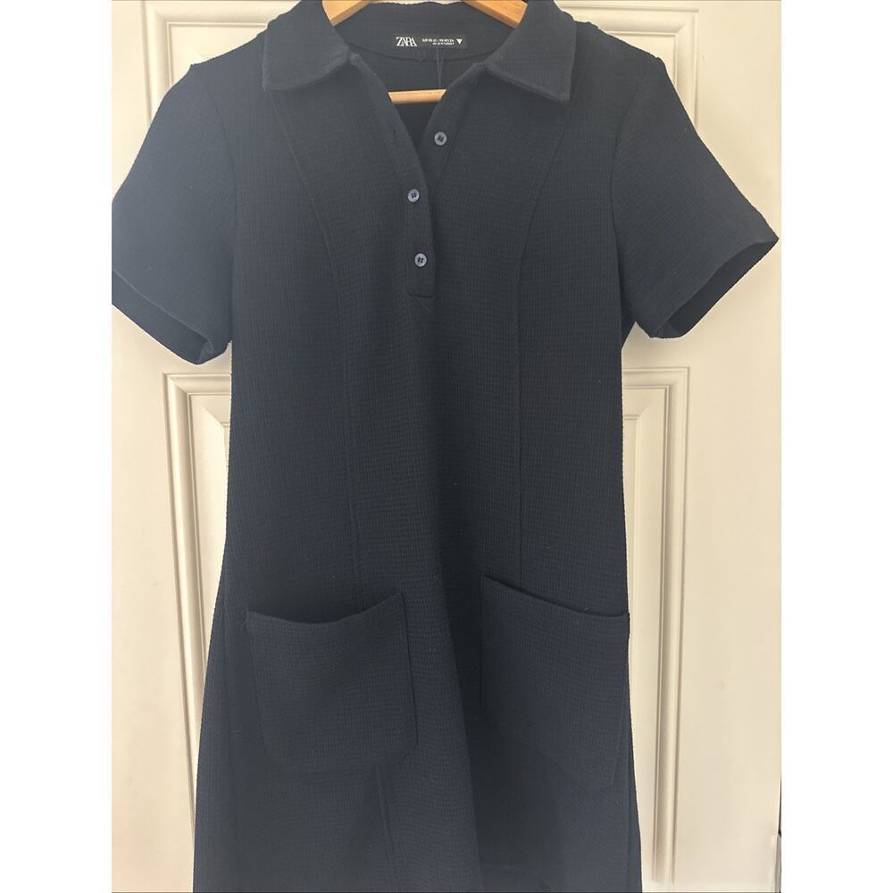Zara Navy Blue Knit Shortsleeve A Line Collared Mini Dress XS Preppy Classic - Picture 2 of 5